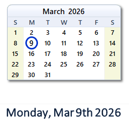 9 March 2026 calendar