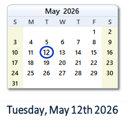 12 May 2026 calendar