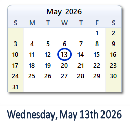 13 May 2026 calendar
