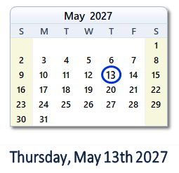 13 May 2027 calendar