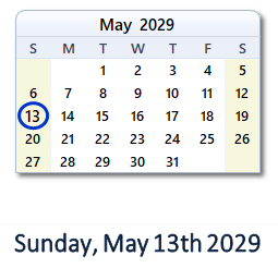 May 13, 2029 calendar