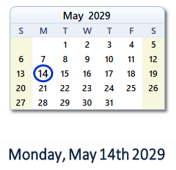 May 14, 2029 calendar