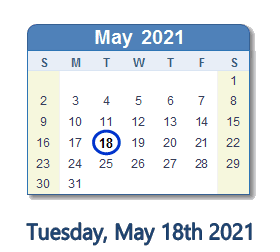 18 May 2021 calendar