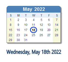 18 May 2022 calendar