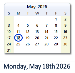 18 May 2026 calendar