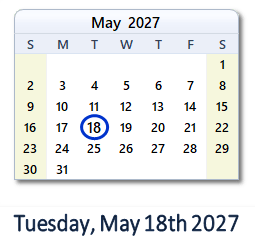 May 18, 2027 calendar