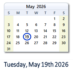 19 May 2026 calendar