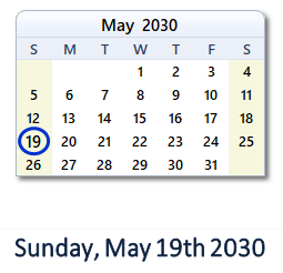 May 19, 2030 calendar