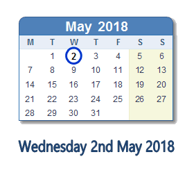 Image result for wednesday 2nd may 2018 calendar