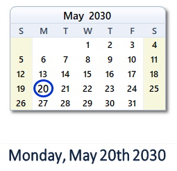 May 20, 2030 calendar