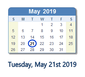 May 21, 2019 calendar