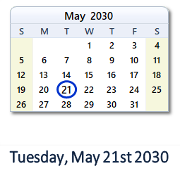 May 21, 2030 calendar
