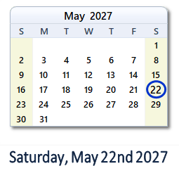 May 22, 2027 calendar