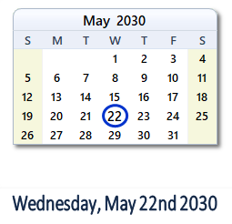 May 22, 2030 calendar