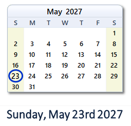23 May 2027 calendar