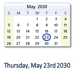 May 23, 2030 calendar