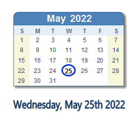 25 May 2022 calendar