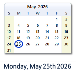 25 May 2026 calendar