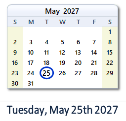 25 May 2027 calendar