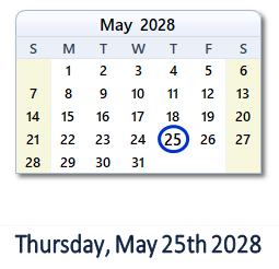 May 25, 2028 calendar