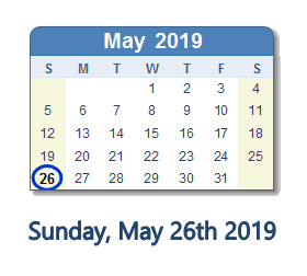 May 26, 2019 calendar