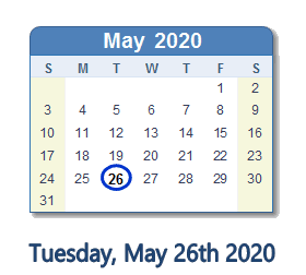 May 26, 2020 calendar