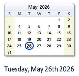26 May 2026 calendar