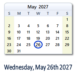May 26, 2027 calendar