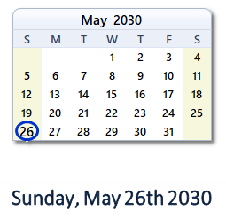 May 26, 2030 calendar