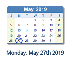 May 27, 2019 calendar