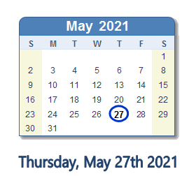 27 May 2021 calendar