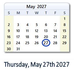 27 May 2027 calendar