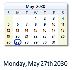May 27, 2030 calendar
