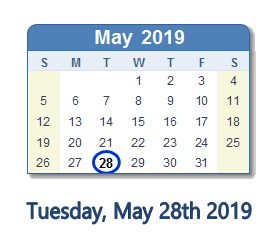 May 28, 2019 calendar