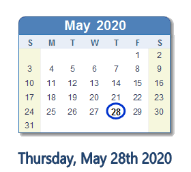 May 28, 2020 calendar