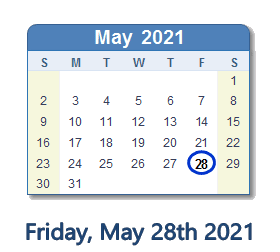 28 May 2021 calendar