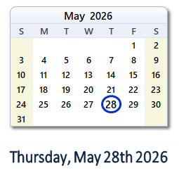 28 May 2026 calendar