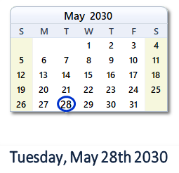May 28, 2030 calendar