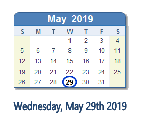 May 29, 2019 calendar