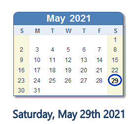 29 May 2021 calendar