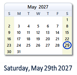 29 May 2027 calendar