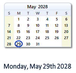 29 May 2028 calendar