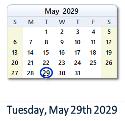 May 29, 2029 calendar