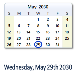 May 29, 2030 calendar