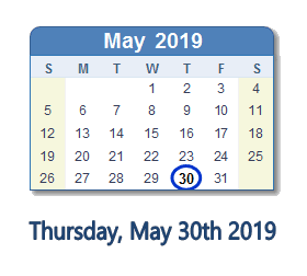 May 30, 2019 calendar
