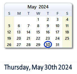 30 May 2024 calendar