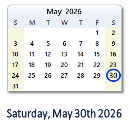 30 May 2026 calendar