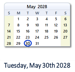 May 30, 2028 calendar