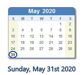 May 31, 2020 calendar