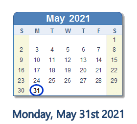 May 31, 2021 calendar